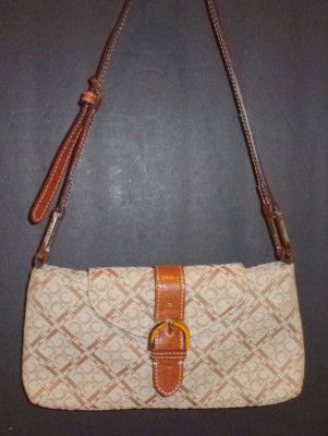 Claudio Ferrici Logo Signature Beige Leather Trim Shoulder Bag