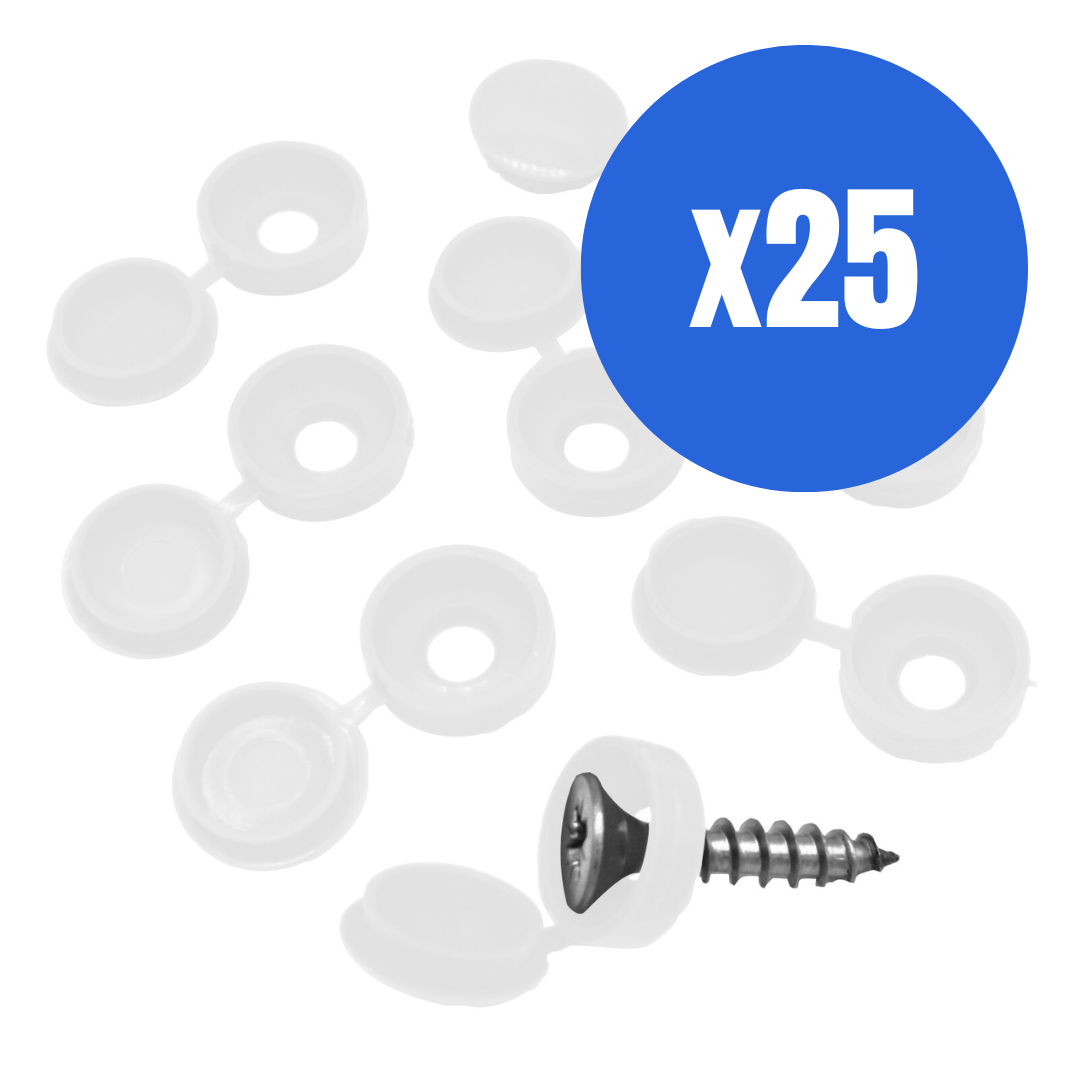 White Hinged Plastic Screw Cover Caps Fold Over Gauge Screw Fit Size 6g