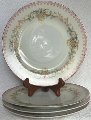 Vintage National China Set Of 4 Salad Plates Basket Of Flowers Detailed Edge GUC