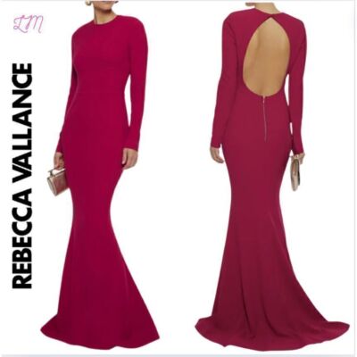 Rebecca Vallance Bree Long Sleeve Open Back Crepe Gown Barberry Magenta 6