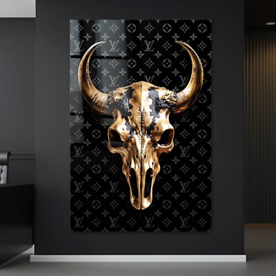 WANDBILD LOUIS Gold Kuhschädel , KUNST LUXUS ACRYLGLAS ,LEINWAND BILDER
