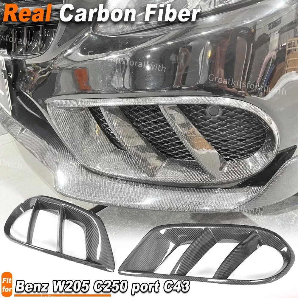 For Benz W205 Sport C43  REAL Carbon Front Bumper Grill Air Vent Fog Cover 15UP