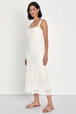 Lulus Get Sweet White Crochet Tie-Strap Midi Sweater Dress Medium