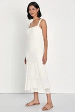 Lulus Get Sweet White Crochet Tie-Strap Midi Sweater Dress Medium