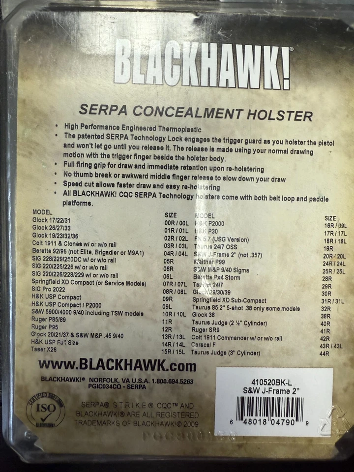 BLACKHAWK! Serpa CQC 410520BK-L Holster Smith & Wesson 2" J-Frame Matte Black - Image 2 of 2