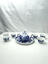 Miniature Hand Painted Porcelain Tea Set Blue  White Flowers 9 Pc Round Tray