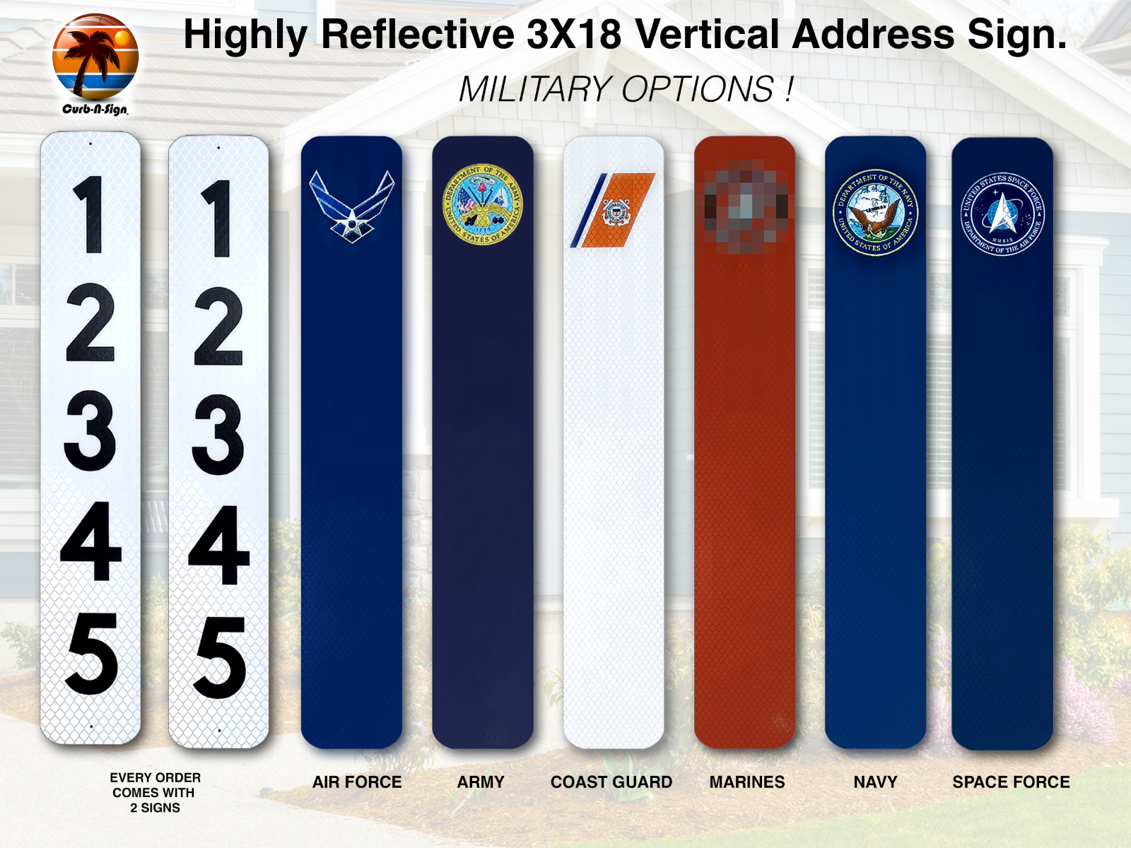 911 Vertical Super Reflective Address Signs MIlitary branch 2 pack