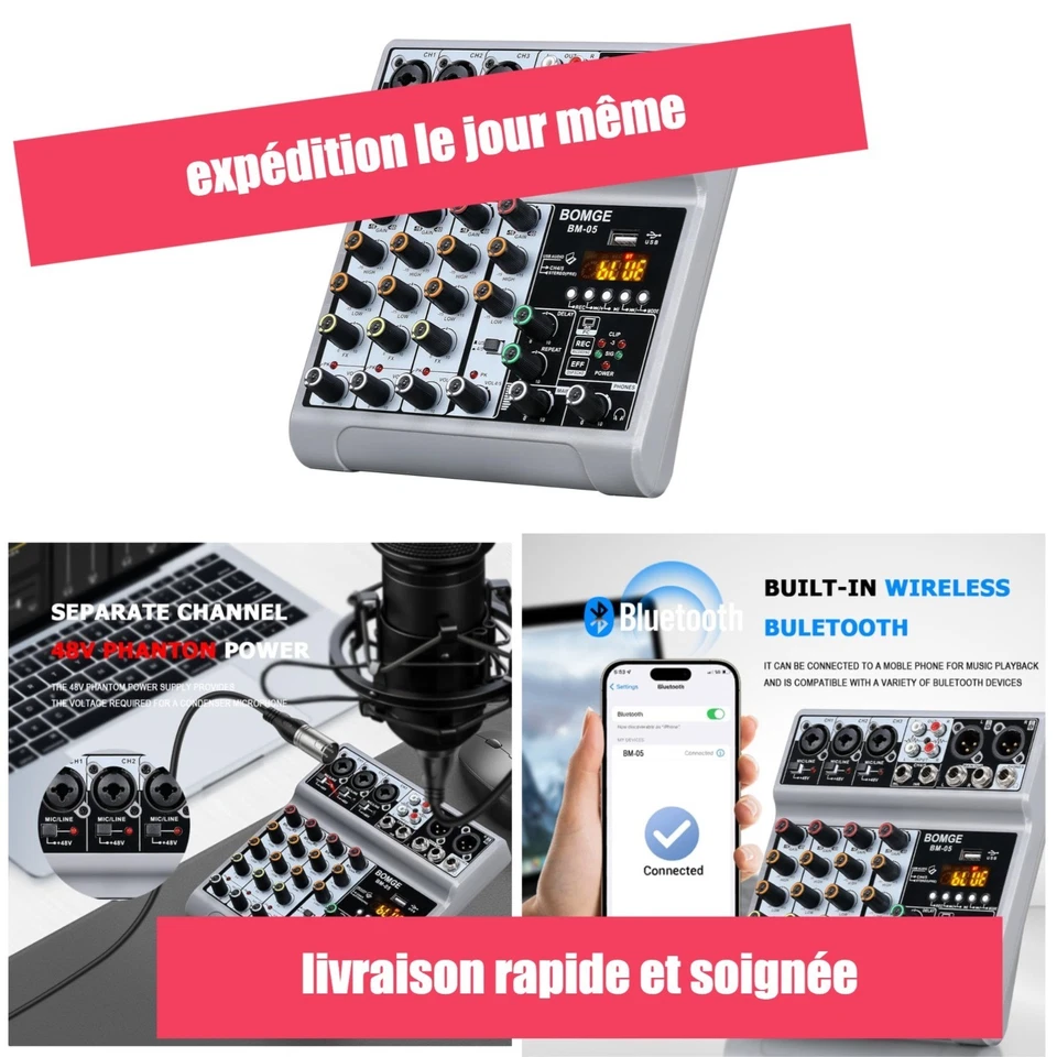 Table de mixage DJ BOMGE 5 canaux USB Bluetooth Écho 48 V - Photo 1/4