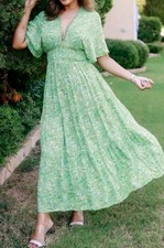 Zara Green Short Sleeve Ruched Elastic Waist Maxi Dress Beaded Neckline S/M