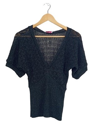 ORSAY Damen Strickpullover Lochmuster Schwarz Gr. XS 34 Kurzarm