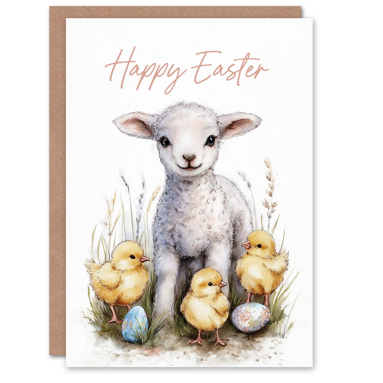 Happy Easter Greeting Card – Lamb, Chicks, and Eggs, Blank Inside