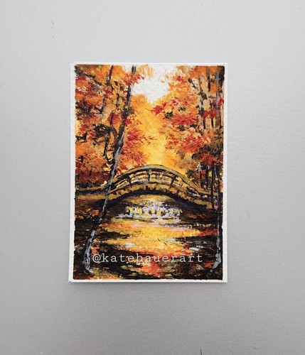 ACEO Original Autumn Bridge - Lake - 3.5x2.5"-Acrylic Painting -Kate Bauer Art