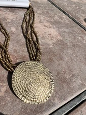 NWT  Gold Tone Large Round Pendant Layered Beaded Costume Jewelry Necklace