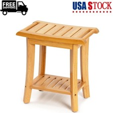 Bamboo Inside Shower Stool with Storage Shelf Spa Bath Chair for Living Room US