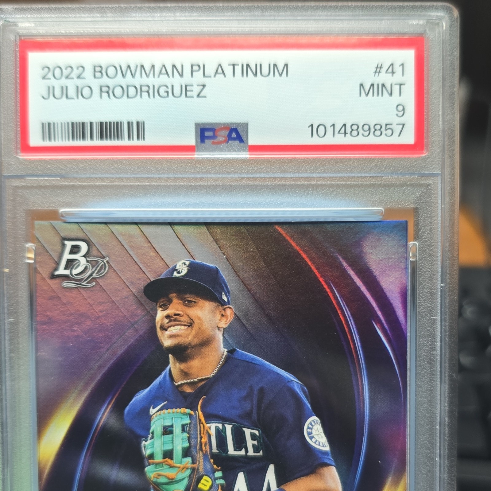 Topps 2022 Bowman Platinum Julio Rodriguez RC Base #41 PSA 9 Mariners view 2