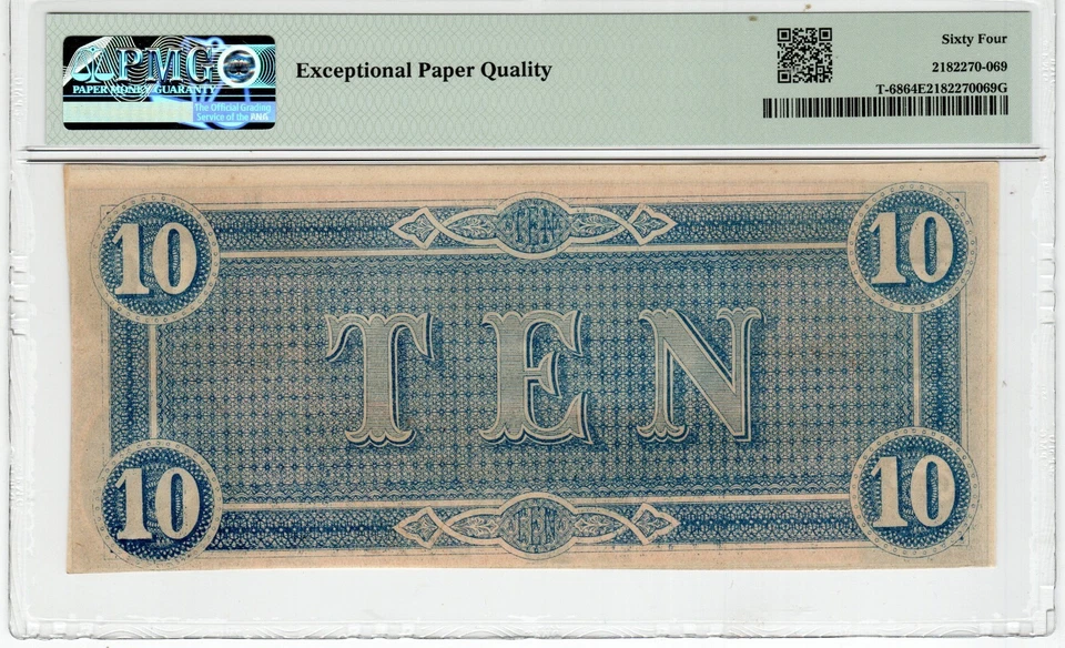 T-68 PF-27 1864 $10 Confederate Paper Money - PMG Choice Uncirculated 64 EPQ - Image 2 of 2