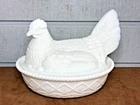 Vintage Milk Glass White Hen w/Flared Tail on Nest Covered Candy Dish 7.5" Long