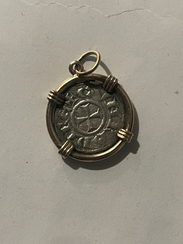 Genovese Silver Denaro Coin Pendant 1250-1550 AD mounted in gold setting
