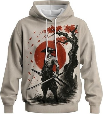 Samurai Red Sun Hoodie Unisex Japanese Ink Art with Cherry Tree