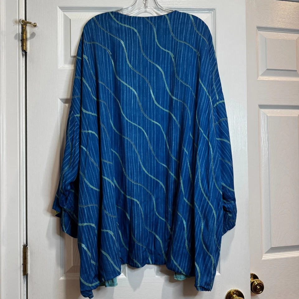 B.O.P Mujer Plus 5X Cárdigan Abierto Forrado Azul Rayón Verde Geo Floral Boho REPARACIÓN Foto 2 de 4