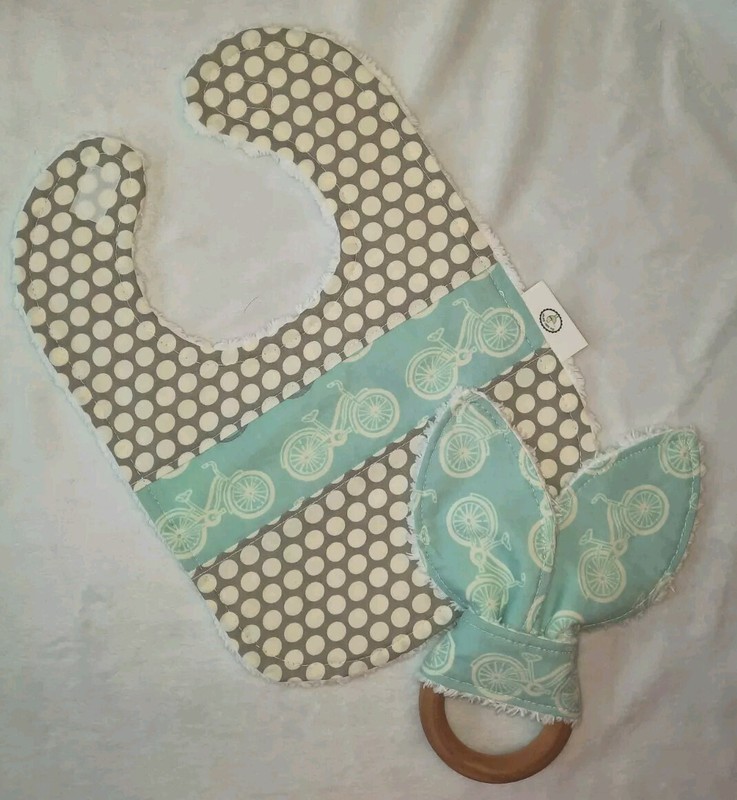 Boutique Gray And Blue Bicycles Chenille Bib And Teether Set