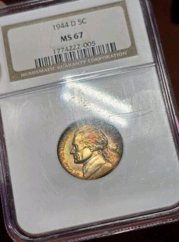 1944 D Jefferson War Nickel NGC MS67 Rainbow Toned Old Holder Incredibe Toning - Picture 11 of 12