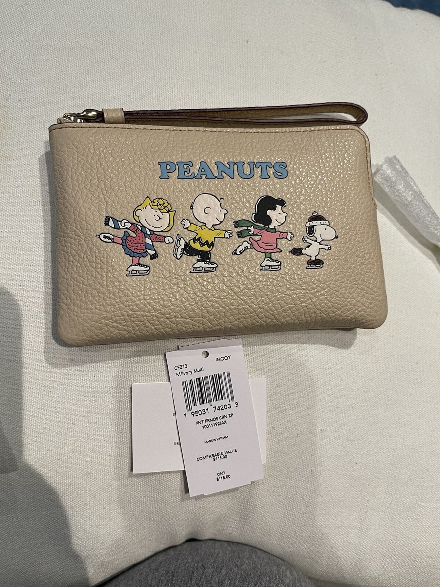Coach X Peanuts Corner Zip Wristlet With Snoopy And Friends Motif