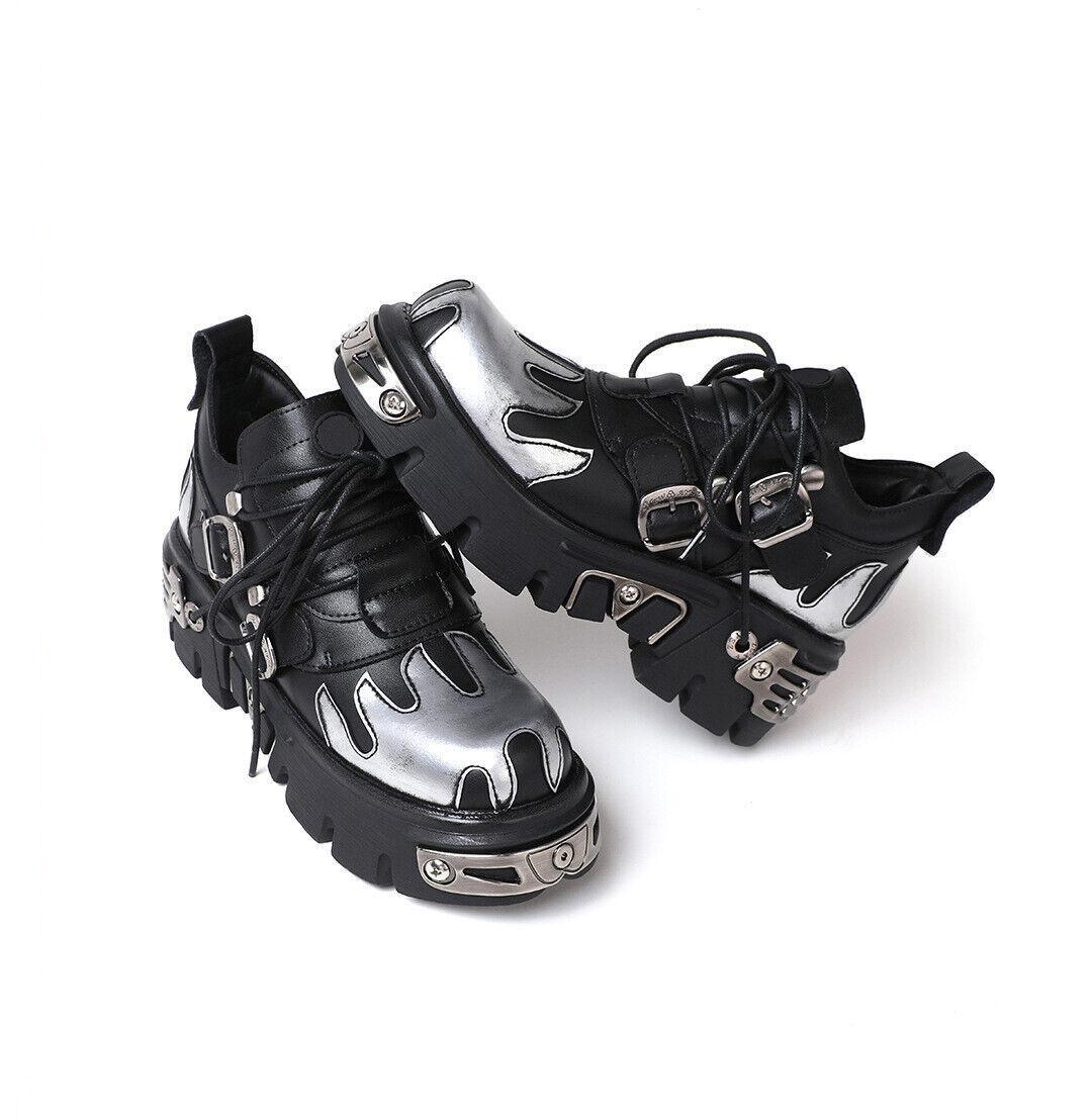 Mens Punk Lace Up Leather Carved Metal Low Top Platform Gothic