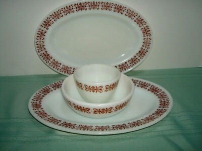 Pyrex Copper Filigree  Oval Platters, Soup Bowl, Open Sugar Bowl 