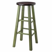 Winsome Wood Bar Stool Round Rustic Green/Walnut Sturdy Square Legs 29 in. H