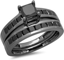 2Ct Princess Cut Lab-Created Diamond Wedding Bridal Ring Set 14K Black Gold Over