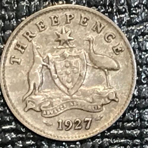 FINE 1927 AUSTRALIA SILVER THREE 3 PENCE COIN-FEB080