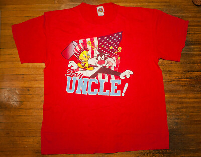 Vtg 90s Tweety Bird T Shirt Looney Tunes Sylvester Cat Freeze Flag
