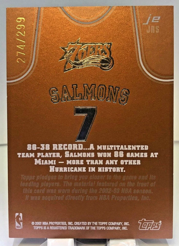 John Salmons 2002-03 Topps Jersey Edition Copper 274 / 299 je JRS Rookie 76ers Foto 2 de 2