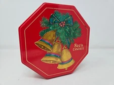 See's Candies 2004 Christmas METAL 8" OCTAGON RED TIN EMPTY Bells