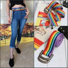 Women Men Rainbow Striped Canvas Webbing Belt Metal Buckle Fashion Harajuku New