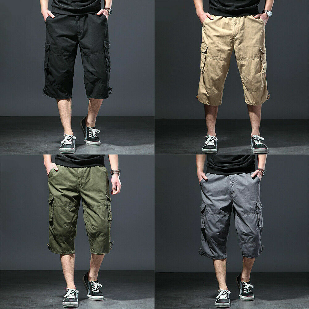 00s kmrii cargo sarouel pants shorts パンツ Mens Cotton Elastic Waist Cargo Shorts 3/4 Pants Multi Pocket