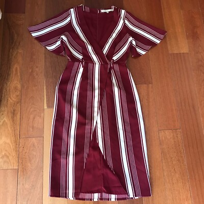 Lovers + Friends Dress Small Short Sleeve Surplice Burgundy & White Striped  | eBay
