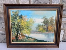 Original Signed Painting Landscape River Side Framed Art Oil On Canvas 23X29"