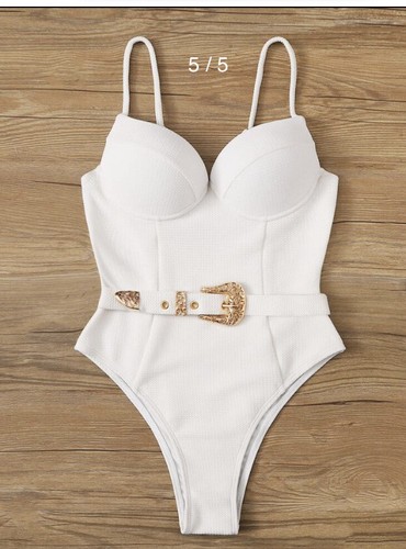 Women White Swimwear belted Textured One Piece Size M Padded - Picture 2 of 8