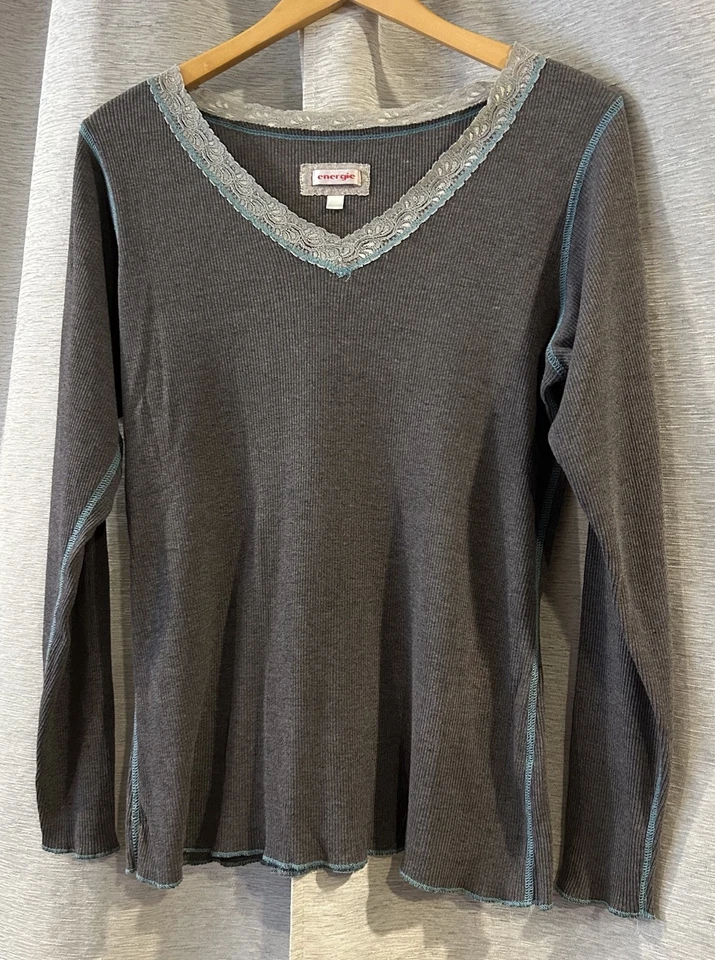 Top vintage con ribete de encaje Energie para mujer manga larga Y2K Foto 2 de 4