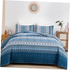 Quilt Set Queen Size, Bohemian Stripe 3 Pieces Quilts Queen 96"x90" Blue