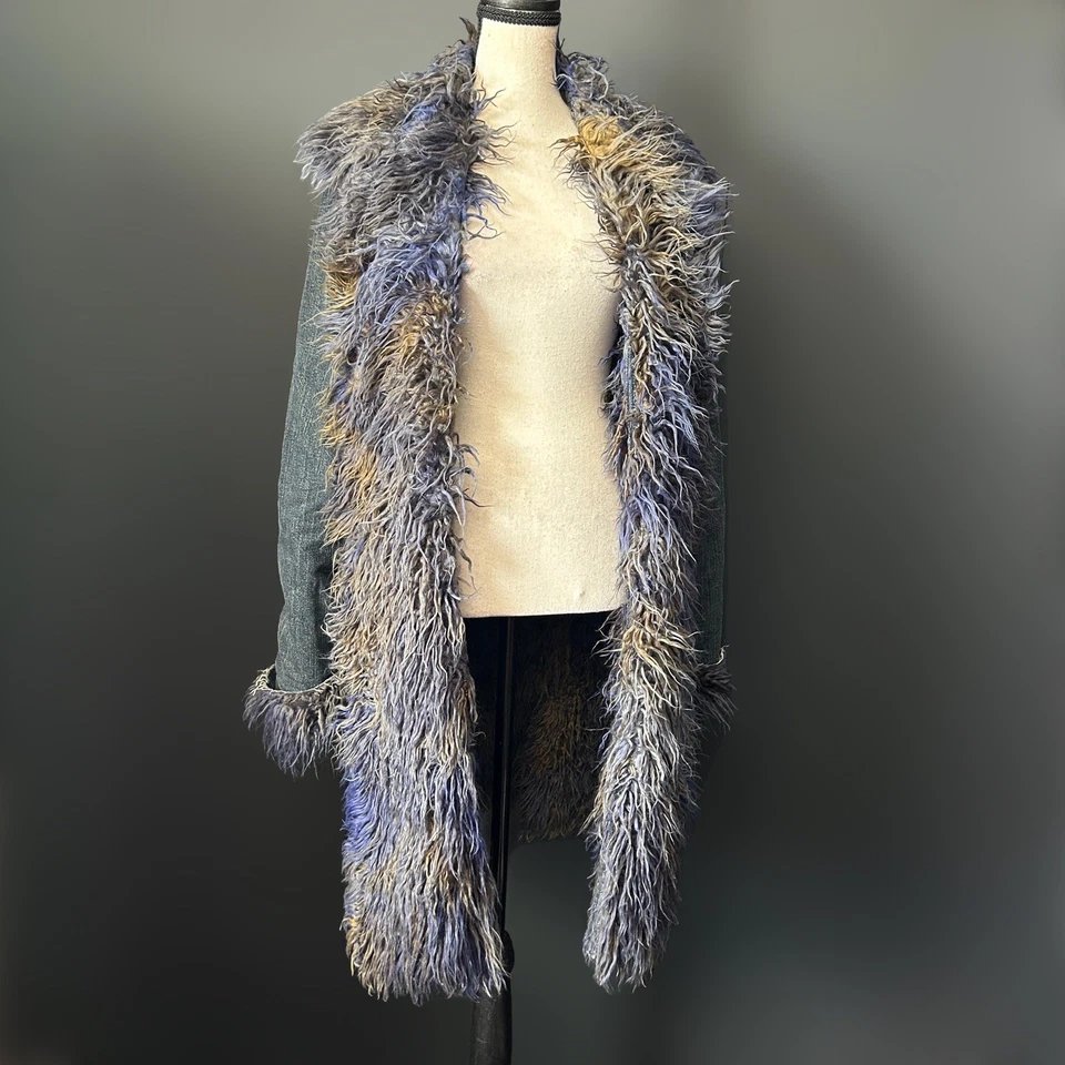 Vintage 90s Y2k Penny Lane Afghan Coat Denim Fur Trim Blue Trench Whimsigoth - Image 2 of 4