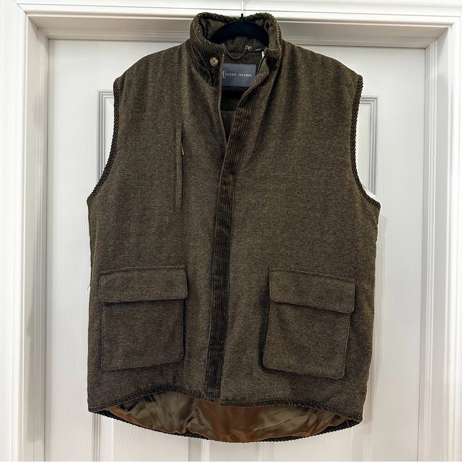 Hickey Freeman Wool Corduroy Tweed Zip Up Outdoor Field Barn Vest Brown sz Large