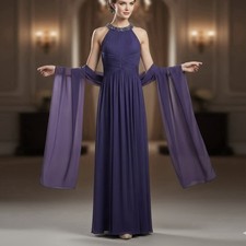 Alex Evenings Purple Beaded Sleeveless Chiffon Halter Gown Size 8 Shawl