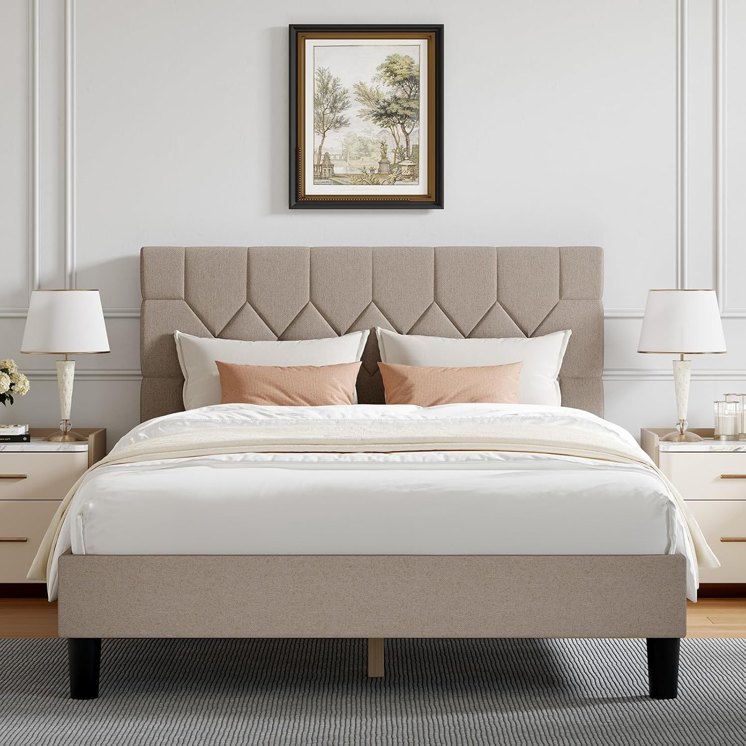 With Upholstered Headboard & Wood Slats, Easy Assembly