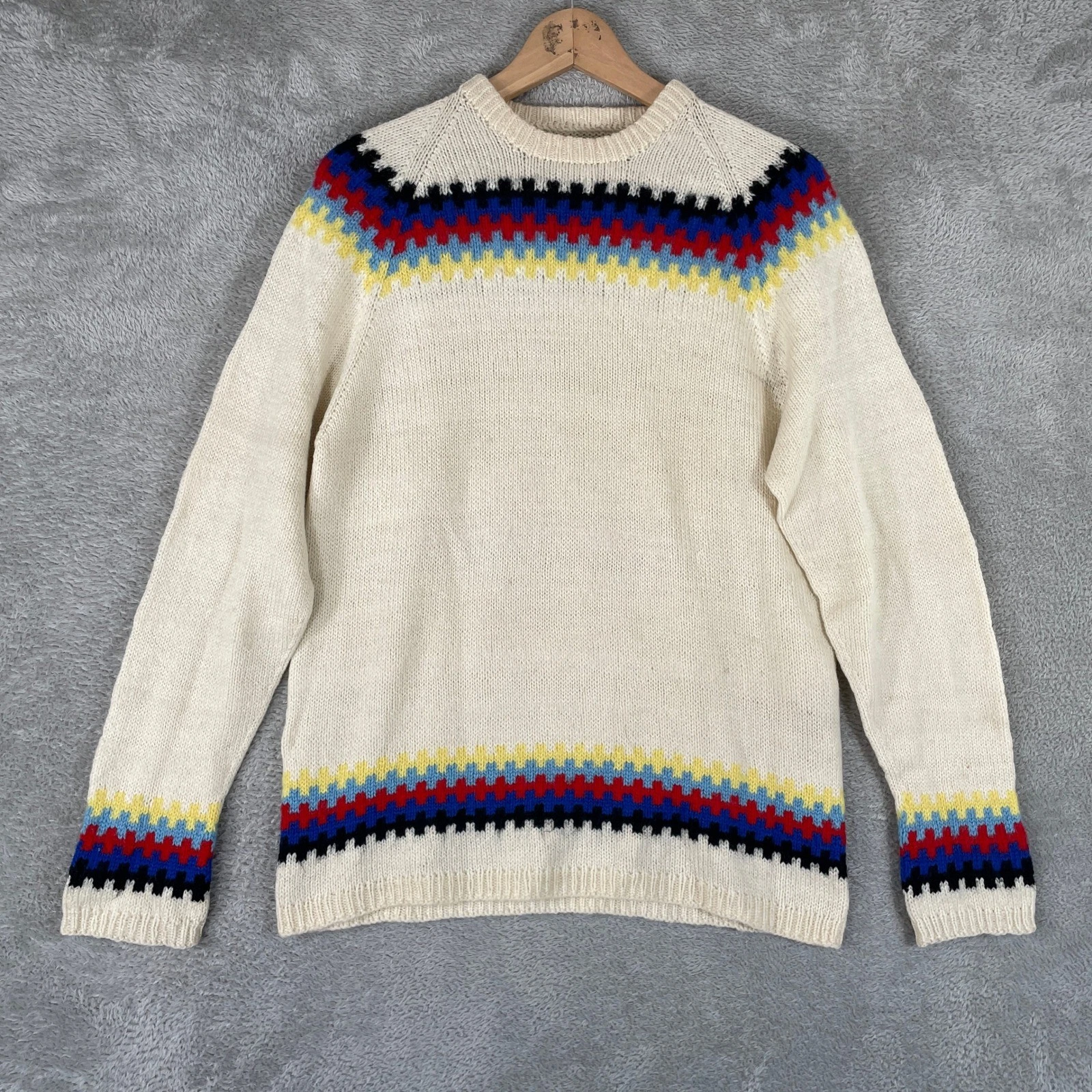 Vintage Wool Fair Isle Sweater Mens Small Cream Nordic Ski Knit Crewneck