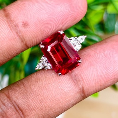 Rare Certified 12.66 Ct Red Ruby Emerald Cut Gemstone 925 Silver Ring For Her