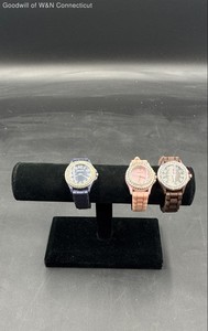 Geneva Women's Rhinestone Fashion Watch Lot of 3 Silicone Bands Pink Blue Brown