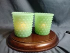 Pair of Jadeite Green Milk Glass Hobnail Tea Votive Candle Holders Vintage 3"